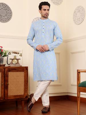 Blue printed straight cotton kurta 1