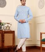 Blue printed straight cotton kurta