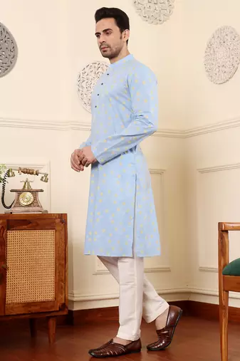 Blue printed straight cotton kurta