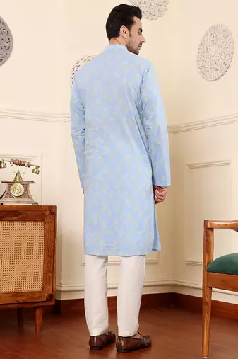 Blue printed straight cotton kurta
