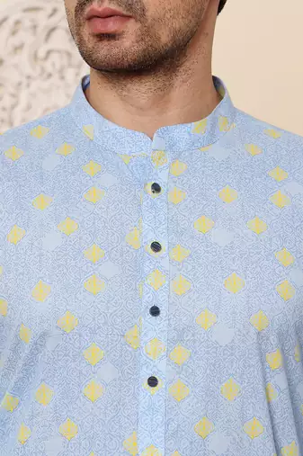 Blue printed straight cotton kurta