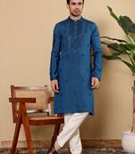 blue straight viscose silk embroidered kurta