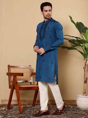 blue straight viscose silk embroidered kurta 2