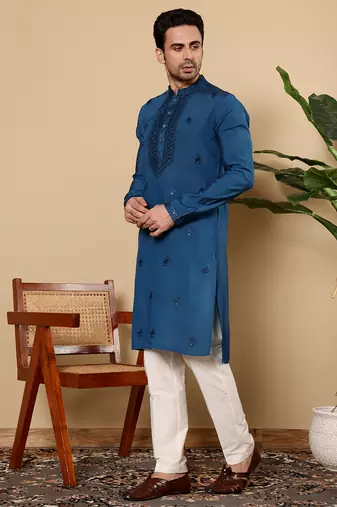 blue straight viscose silk embroidered kurta