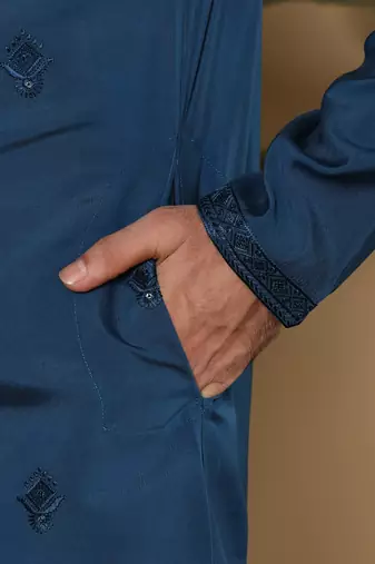 blue straight viscose silk embroidered kurta