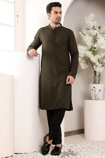 Green rayon silk straight chikankari kurta