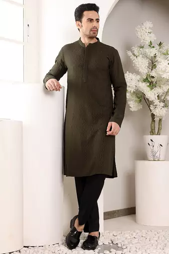 Green rayon silk straight chikankari kurta