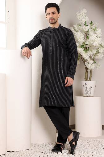 black straight viscose silk embroidered kurta