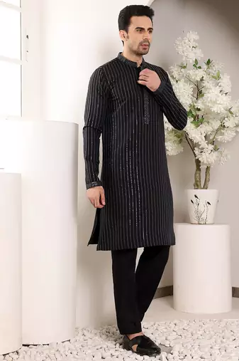 black straight viscose silk embroidered kurta