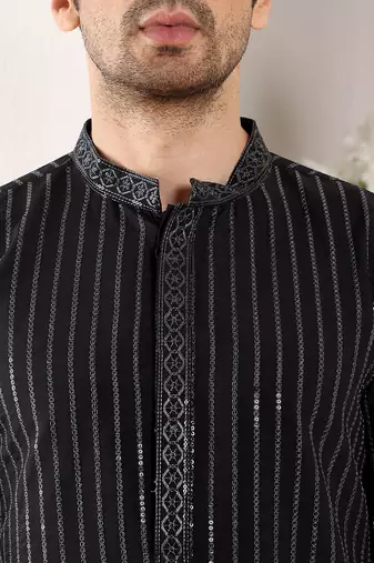 black straight viscose silk embroidered kurta