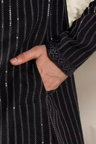 black straight viscose silk embroidered kurta