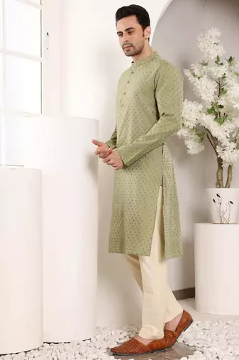 green straight viscose silk textured effect kurta