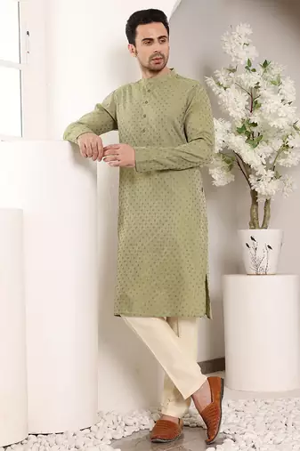 green straight viscose silk textured effect kurta