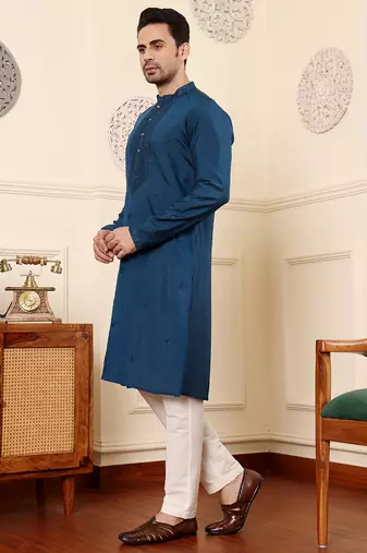 blue straight viscose silk embroidered kurta