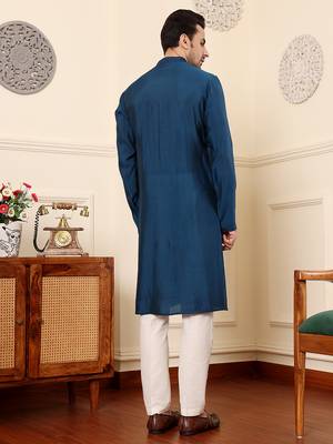 blue straight viscose silk embroidered kurta 3