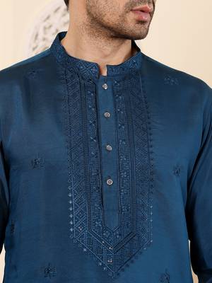 blue straight viscose silk embroidered kurta 4