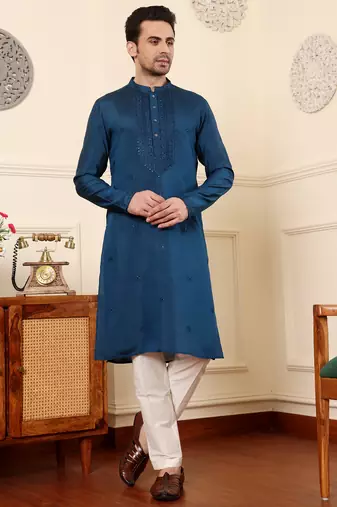 blue straight viscose silk embroidered kurta