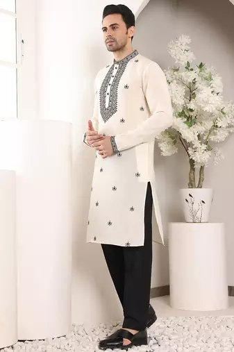 white straight viscose silk embroidered kurta