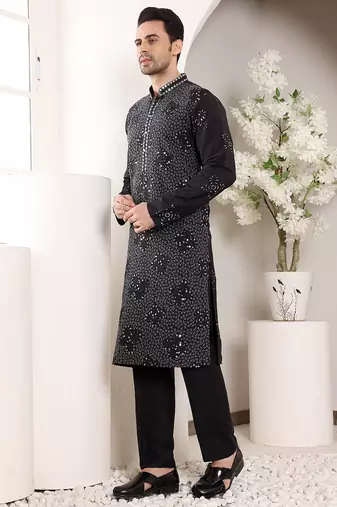 black straight rayon silk embroidered kurta