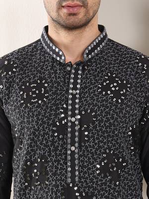 black straight rayon silk embroidered kurta 4