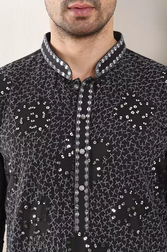 black straight rayon silk embroidered kurta