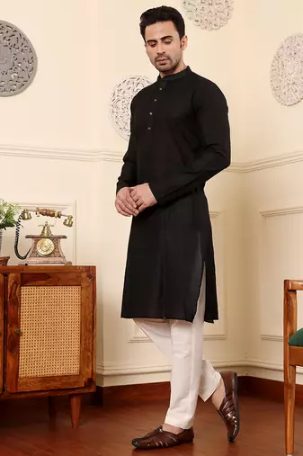 black straight viscose silk textured effect kurta