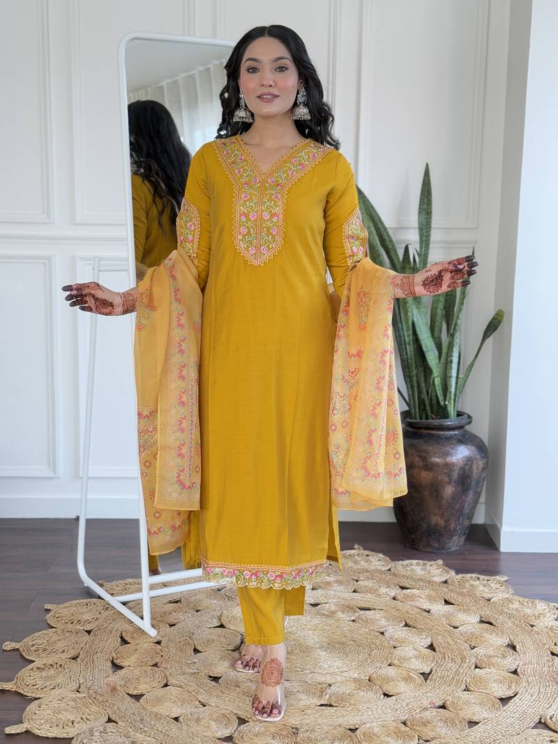 Beautiful Women's Thread work Viscose Fabric Straight Kurta, Pant and Dupatta Set
