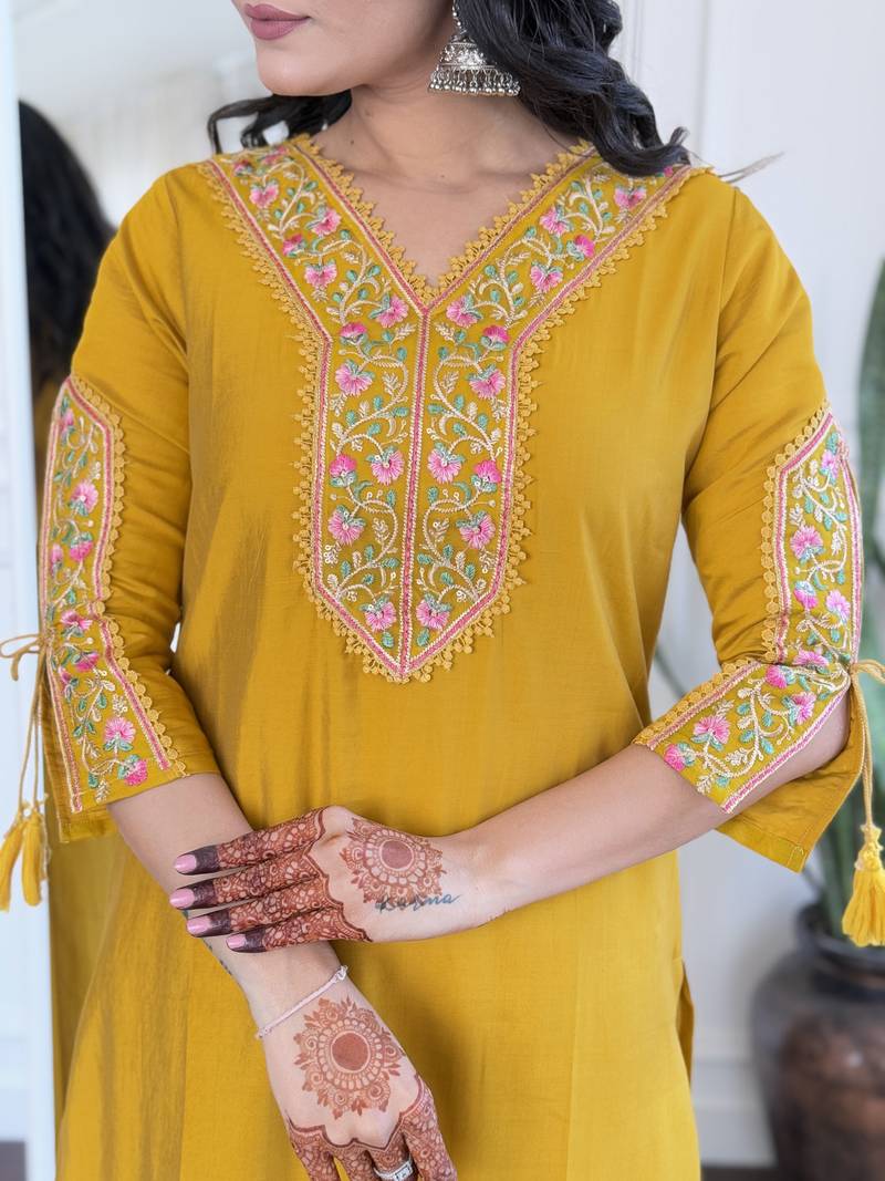 Beautiful Women's Thread work Viscose Fabric Straight Kurta, Pant and Dupatta Set