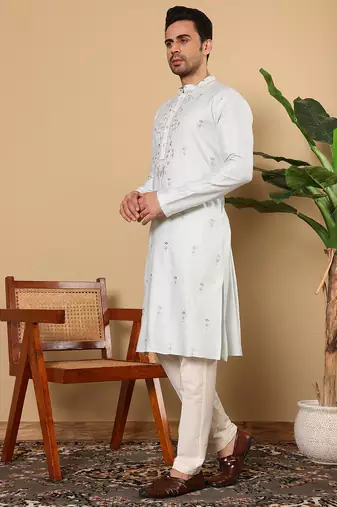light blue straight viscose silk embroidered kurta