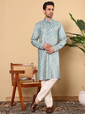 blue straight viscose silk embroidered kurta 1