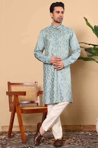 blue straight viscose silk embroidered kurta
