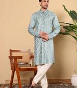 blue straight viscose silk embroidered kurta