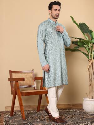 blue straight viscose silk embroidered kurta 2