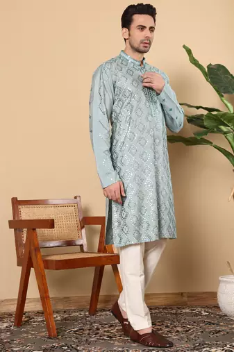 blue straight viscose silk embroidered kurta
