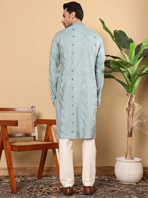 blue straight viscose silk embroidered kurta 3