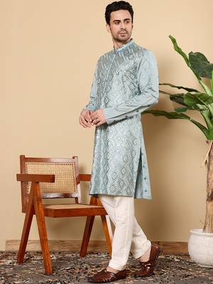 blue straight viscose silk embroidered kurta 5