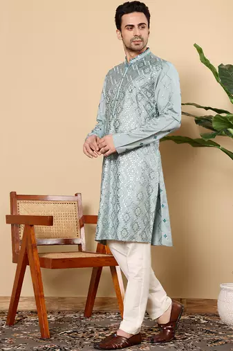 blue straight viscose silk embroidered kurta