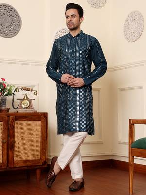 dark blue straight viscose silk embroidered kurta 1