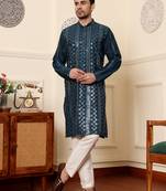 dark blue straight viscose silk embroidered kurta