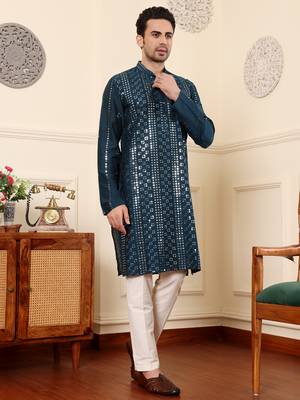 dark blue straight viscose silk embroidered kurta 2