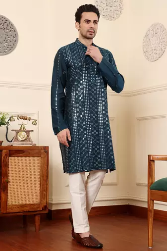 dark blue straight viscose silk embroidered kurta