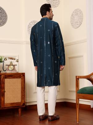 dark blue straight viscose silk embroidered kurta 3