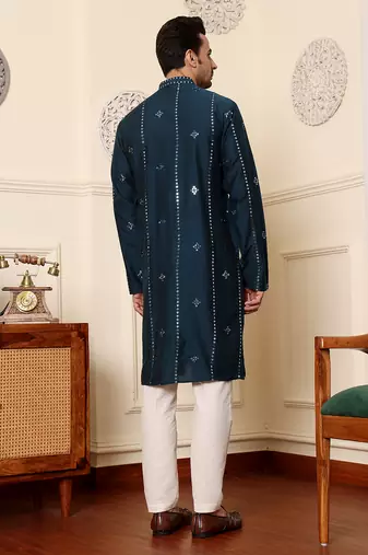dark blue straight viscose silk embroidered kurta