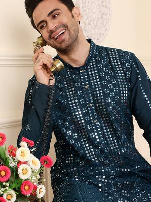 dark blue straight viscose silk embroidered kurta 4