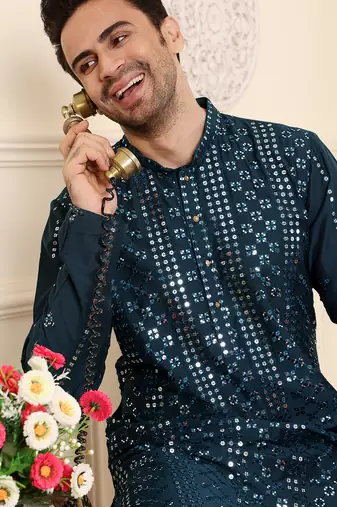 dark blue straight viscose silk embroidered kurta
