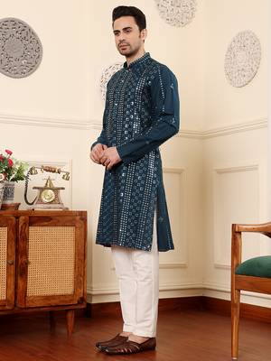dark blue straight viscose silk embroidered kurta 5
