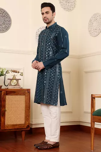 dark blue straight viscose silk embroidered kurta