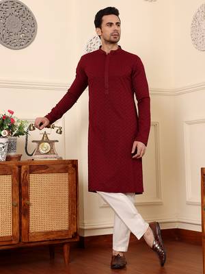 Red rayon silk straight chikankari kurta 1