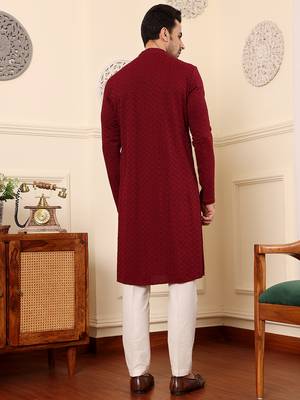 Red rayon silk straight chikankari kurta 3