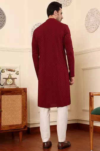 Red rayon silk straight chikankari kurta
